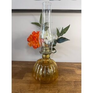 Vintage Amber Glass Kerosene Oil Lamp Hurricane Lantern Ribbed Pumpkin Base